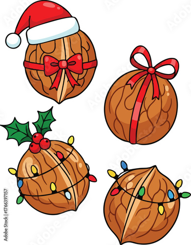 Four Cartoon Walnuts Decorated For Christmas With Santa Hat Ribbons And Lights