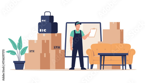 Professional mover with clipboard ready to help you move into your new home with boxes and furniture delivery service for your convenience