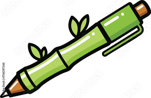 Green Bamboo Shaped Mechanical Pencil With Small Leaves Growing Out Of It On White Background