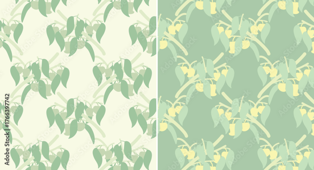 Fototapeta premium Scandi minimal abstract mango-branch tossed seamless pattern in pastel palette variations — for fashion apparel, stationery, home textile, and decorative interior surfaces — non-food-contact
