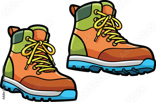 Pair of orange and green hiking boots with yellow laces on a white background