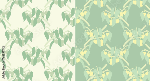 Scandi minimal abstract mango-branch tossed seamless pattern in pastel palette variations