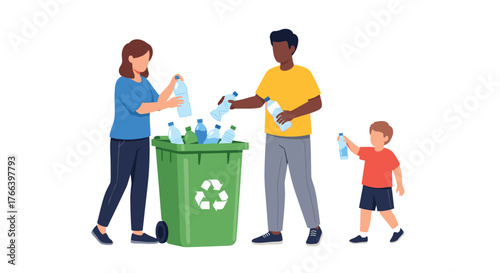 Family promotes eco friendly lifestyle by recycling bottles into a green bin, teaching children responsible waste management for a sustainable future