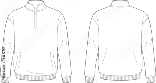 Blank half zip sweatshirt front and back technical flat sketch, casual unisex pullover design template, fashion illustration for apparel mockup.
