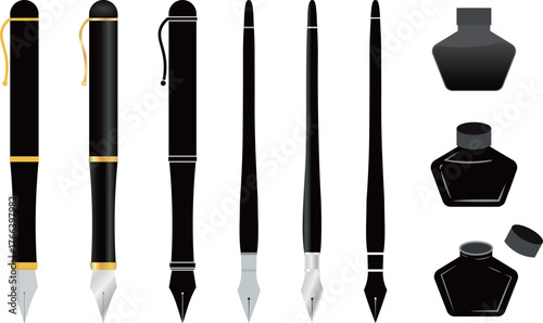 金と銀の装飾の色んな万年筆の素材と黒いインクの瓶セット