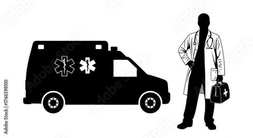 Confident doctor with medical bag stands beside emergency ambulance ready for urgent patient care and rapid response to save lives