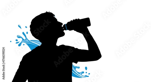 Dynamic silhouette of a person quenching thirst with a refreshing drink, surrounded by vibrant water splashes, perfect for health and fitness promotions.