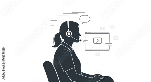 Helpful customer service representative with headset communicates effectively, managing online content and user inquiries with clear communication channels.