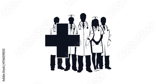 Professional medical team stands united behind a bold, modern cross symbolizing healthcare, hope, and vital services for all.