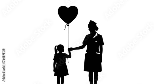 Caring nurse shares a heartwarming moment with a child, holding a symbolic heart balloon, representing hope and healing.