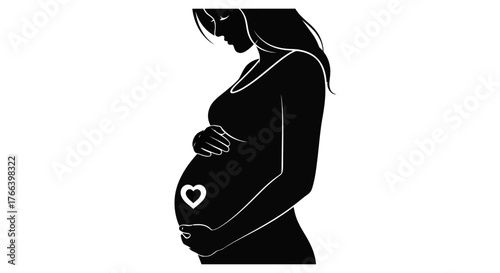 Cherishing anticipation, a pregnant woman cradles her belly, a heart symbol gently adorning the silhouette, embodying profound love and new beginnings.