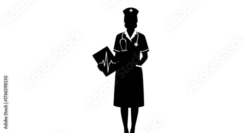 Professional nurse silhouette holding patient chart with vital signs, symbolizing care and medical expertise in healthcare.