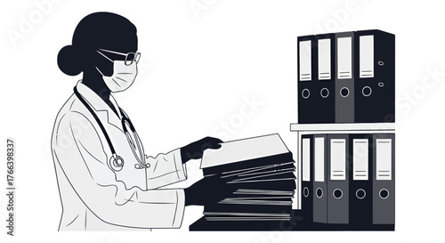 Dedicated doctor in mask and glasses diligently organizing medical records amidst stacks of files and binders in a professional setting