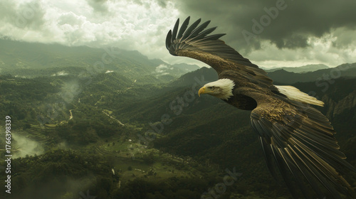 A majestic bald eagle soars over lush, mountainous terrain under a dramatic, cloudy sky