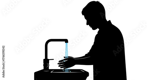 Man meticulously washes hands under clean running water in a modern sink, prioritizing hygiene and personal care for health.