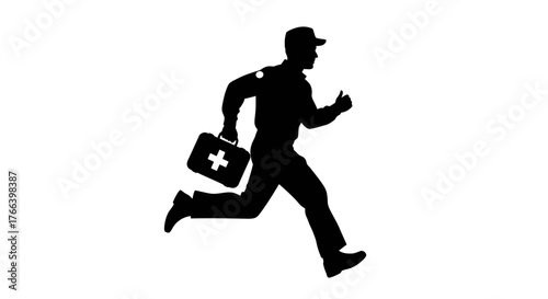 Urgent medical professional sprinting with first aid kit, conveying speed and critical emergency response in a dynamic silhouette