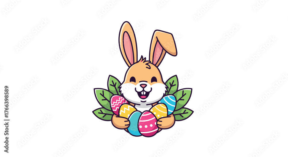 Obraz premium Adorable Easter bunny holding colorful decorated eggs and green leaves invites joy to your spring designs and cheerful seasonal greetings