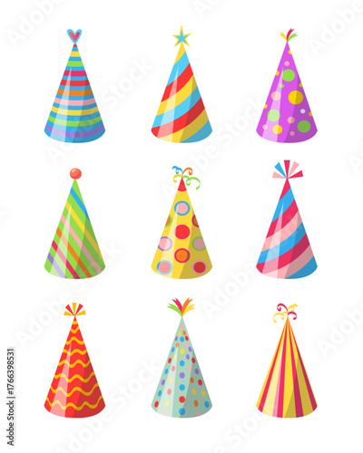 Collection of nine colorful festive birthday party hats on a white background