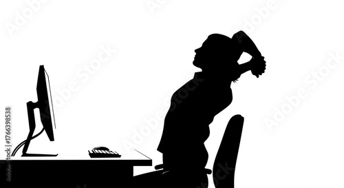 Tired office worker stretching at desk after long hours, seeking relief and a moment of peace from demanding workload.