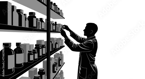 Dedicated pharmacist carefully selects medicine from shelves in a well-stocked pharmacy, ensuring patient care and precise dispensing.