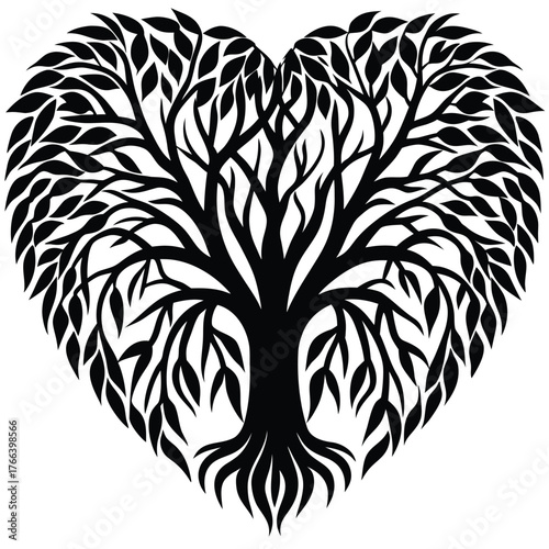 Black silhouette of a willow tree with long hanging branches. Ideal for nature and wellness designs, meditation themes, poetic artwork, eco branding, minimalist logos, and calm landscape illustrations