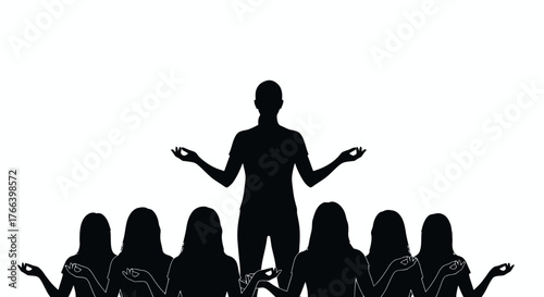 Empowered leader guides diverse group in mindful meditation, fostering unity and inner peace through serene practice