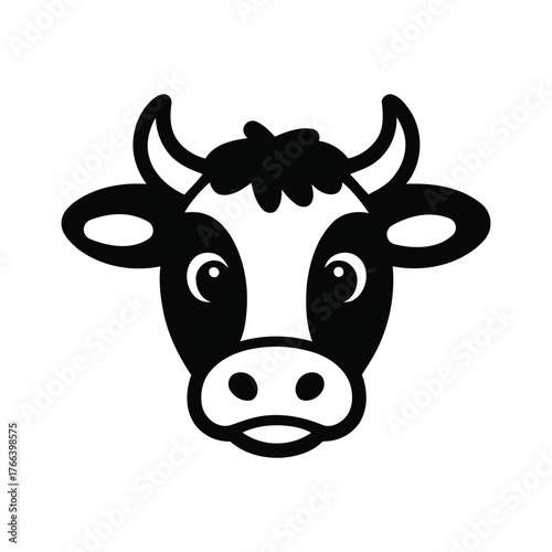 Friendly black and white cow face cartoon icon simple farm animal symbol livestock agriculture dairy product logo design