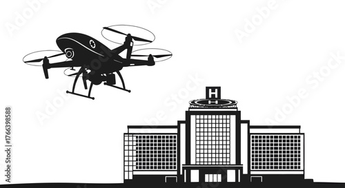 Futuristic drone delivers medical supplies to modern hospital helipad for urgent patient care and rapid response
