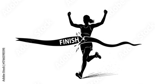 Triumphant runner breaks through finish line tape with arms raised in victory celebration, symbolizing achievement and success
