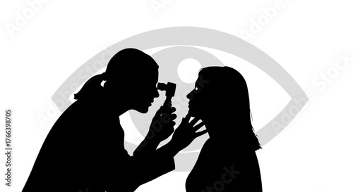 Dedicated optometrist examines patient's eye with ophthalmoscope, symbolizing vision care and medical expertise in a clean, modern setting.