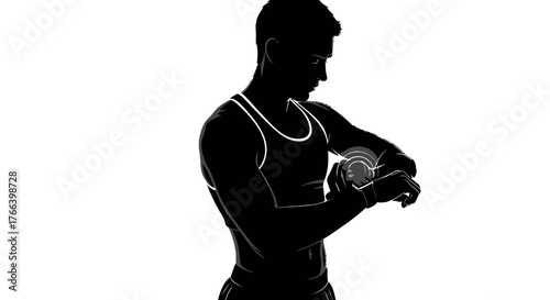 Fit athlete checks progress on smart watch displaying real time workout data, emphasizing health and performance tracking for active lifestyles