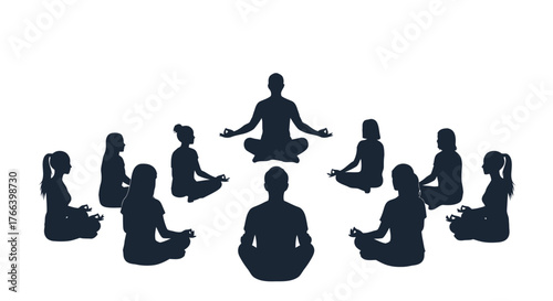 Group meditating in peaceful harmony, finding inner calm and collective energy with instructor leading the way