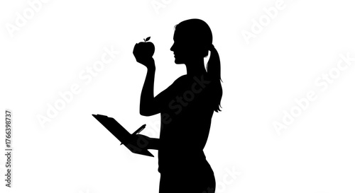 Silhouette of a nutritionist or dietician examining an apple while holding a clipboard and pen, symbolizing healthy eating and wellness planning.