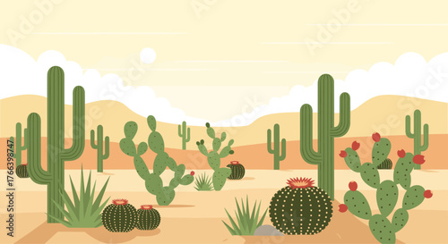 Vibrant desert landscape with blooming cacti under the bright desert sun, perfect for travel blogs or southwestern themed designs