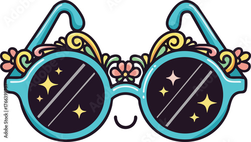 Stylized Teal Sunglasses with Floral Embellishments and Sparkles Against Dark Background