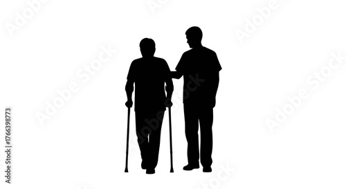 Caring caregiver assists elderly person with crutches, offering support and compassion for mobility challenges