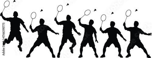 Badminton players silhouette, jumping action, racket swing, shuttlecock motion, sports movement, dynamic pose, athletic illustration, vector art, black silhouette, isolated