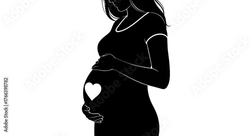 Beautiful pregnant silhouette cradling belly with heart symbol, radiating love and anticipation for new life