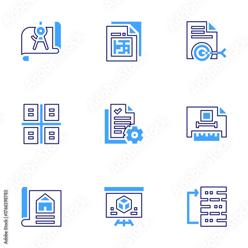 Project icon set. Bold line style. Duotone colors. Editable stroke. compass, project, target, technical drawing, property, workflow, architecture