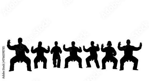 Diverse group of people practicing martial arts in synchronized poses embodying discipline and strength