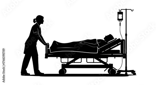 Caring nurse skillfully transports patient on medical gurney with IV drip, symbolizing compassionate healthcare and recovery journeys.