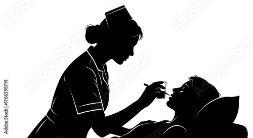 Caring nurse gently administers medication to a patient in bed, symbolizing compassion and healthcare support.