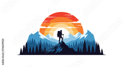 Inspiring mountain adventure with hiker silhouette against sunset backdrop for outdoor brand marketing and adventurous travel campaigns