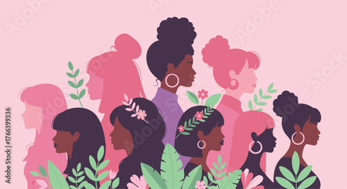 Empowering diverse women stand together in solidarity and strength against a soft pink backdrop, celebrating unity and feminism with floral accents