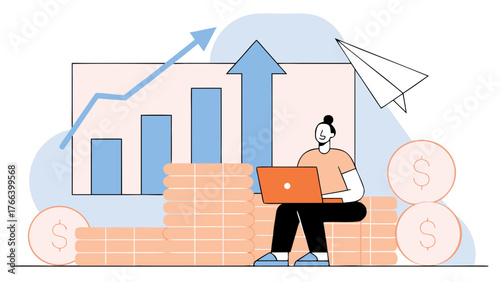 A modern flat illustration of a young person sitting on gold coins, working on a laptop surrounded by cash, charts, and symbols of growth. A bright, business-themed design symbolizing success and inve