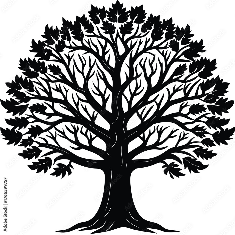 Fototapeta premium Oak Tree Silhouette Vector Black Nature Logo and Abstract Tree Emblem for Eco Branding. Vector illustration