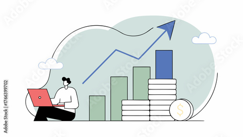 A modern flat illustration of a young person sitting on gold coins, working on a laptop surrounded by cash, charts, and symbols of growth. A bright, business-themed design symbolizing success and inve