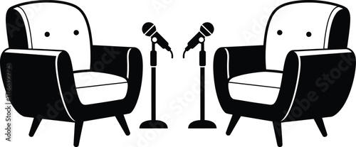 Studio interview, podcast, live show on set with armchairs and microphones 