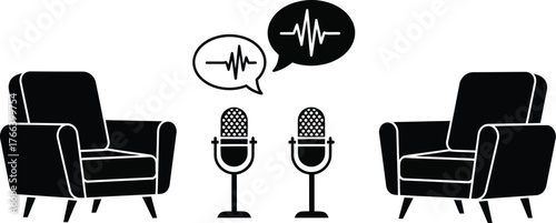 Studio interview, podcast, live show on set with armchairs and microphones 