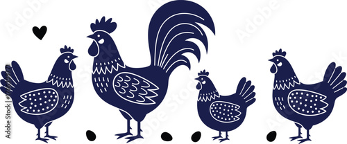 Rooster and hen illustration, folk art poultry design, decorative egg vector, farm animal graphic, rustic bird composition, country-themed silhouette set